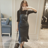 2016新款韩国女装 背带牛仔裙修身显瘦字母鱼尾牛仔背带连衣裙潮