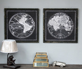 美式复古黑白世界地图实木挂画 书房地图画 咖啡厅复古文艺装饰画