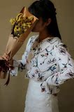 2016年韩国秋季专柜原单喇叭袖V领碎花衬衣 花朵女衬衫