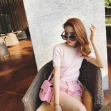 果果家2016夏季韩范粉色圆领修身针织t恤女 韩版显瘦短款短袖上衣