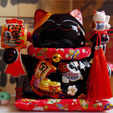 日本正版 大号黑色招财猫摆件 陶瓷招财猫存钱储蓄罐 开业礼品