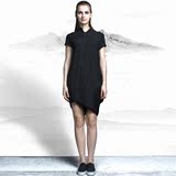 末尚原创设计师女装品牌2016春夏新款棉麻斜襟黑色中长连衣裙