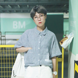6-29个性竖条高领女士衬衫短袖夏季新款韩版宽松休闲印花字母衬衣