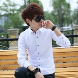 2016夏季薄款休闲韩版修身型衬衫男长袖青年白色衬衣潮男装上衣服
