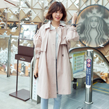韩国代购2016春装新款宽松大码灯笼袖风衣女粉色中长款OL风外套女