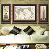 世界地图复古英文欧美式古典现代客厅书房办公室地图有框装饰画