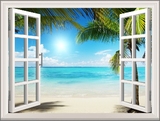 2016新品椰树沙滩/假窗户装饰/假窗贴/假窗墙贴纸/田园地中海风景