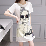 短袖t恤女夏季新款韩版大码宽松纯棉印花中长款白色体恤裙打底衫
