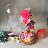 进口永生花母亲节摆件玻璃生日礼物七彩玫瑰花礼盒玻璃罩顺丰包邮