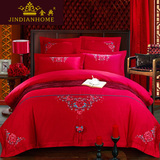 全棉床上用品被套床单 婚庆六件套大红 纯棉刺绣结婚四件套2.0m床