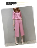 2016新款女装春装两件套韩版七分袖阔腿裤宽松粉色休闲时尚套装女