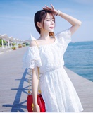 2016春装女新款韩版性感一字领露肩白色蕾丝连衣裙短裙公主礼服裙