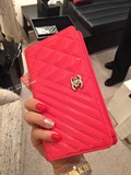 香港代购Chanel/香奈儿16新款红色黑色漆皮菱格纹拼斜纹对折钱包