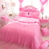 纯棉纯色韩式蕾丝花边公主风四件套粉紫色全棉被套床单床裙式1.8m
