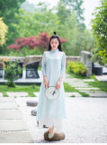 2016夏季新款中国风旗袍改良双层雪纺立领连衣裙禅意古琴仙女裙