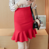 2016秋冬季韩版新款黑色红色鱼尾裙短裙女士高腰包臀荷叶边裙子