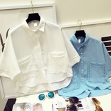 包邮 2016夏季韩版学院风纯色双口袋宽松蝙蝠袖衬衫短款衬衣女