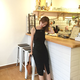 韩国订单2016夏气质款修身收腰显瘦黑色裙摆开叉中长款吊带连衣裙