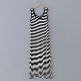 E51-2 美国单 夏季新款百搭黑白条纹圆领修身背心裙女连衣裙长裙