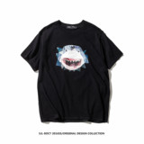 夏装新款欧美复古鲨鱼几何立体印花圆领短袖T恤美式纯棉潮男短TEE