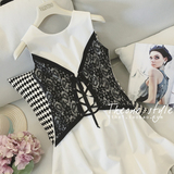 THEONE2016夏装新款女装韩版黑白撞色拼接修身无袖蕾丝连衣裙短裙