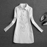 茗嘉欧洲站16春夏新款韩版刺绣蕾丝拼接中长款长袖女士衬衫上衣