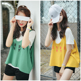 韩国夏季短袖吊带背心两件套字母宽松娃娃衫上衣短款学生T恤女款