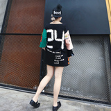 NANA韩版街头风数字印花圆领套头打底上衣拼色七分袖宽松T恤女