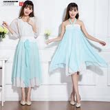 2016年夏季韩版不规则两穿雪纺半身裙仙女长裙裹胸纯色吊带连衣裙