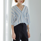 2016夏季新款韩版V领竖条纹五分袖中袖衬衫棉麻宽松衬衣女韩范