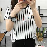 2016新款潮韩版竖条纹卡通短袖圆领t恤宽松夏季学生女装显瘦上衣