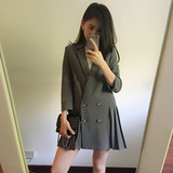 2016秋季新款韩版时尚百搭显瘦黑色灰色百褶下摆西装气质外套女