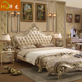 欧式真皮床别墅实木大款香槟色双人大床1.8米床尾凳古典太子软床