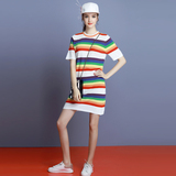 MIUCO2016秋装新款女装欧美拼色彩虹条纹短袖圆领直筒针织连衣裙
