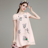 MIUCO女装2016夏季女装新款减龄卡通小老鼠刺绣明线宽松A字连衣裙