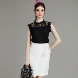 MIUCO女装2016夏季优雅黑色蕾丝衫+设计感系带高腰白色半身裙套装