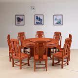 红木圆桌 缅甸花梨木餐桌正宗大果紫檀圆餐桌 实木雕刻带转盘圆台