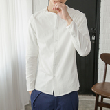 夏季韩版日系复古圆领长袖衬衫男修身薄款青年学生休闲纯色上衣服