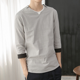 亚麻T恤男中国风七分袖韩版宽松夏装青少年潮流7分中袖纯色打底衫
