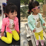 外贸原单牛仔服女童春装外套2016新款韩版小童糖果色软长袖上衣潮