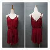 美国品牌 女款红色唯美抽绳流苏吊带连衣裙vintage