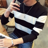 秋季圆领条纹长袖T恤男士加大码打底衫体恤韩版修身青少年潮男装
