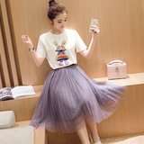 韩版夏季学生短袖两件套连衣裙女中长款显瘦小清新网纱长裙套装裙