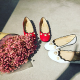 2016新款玛丽珍鞋欧美圆头红色珍珠花边平跟平底鞋单鞋皮鞋