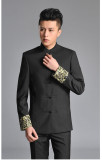 男士青年韩版中山装商务纯色修身英伦立领外套学生演出服新郎礼服