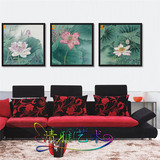 新中式三联组合荷花工笔画油画大厅别墅客厅沙发背景墙挂画装饰画