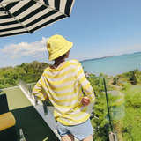 夏季新款女装冰丝薄款上衣中长款套头罩衫透视黄白条纹t恤针织衫