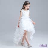 儿童礼服公主裙女童礼服拖尾钢琴演出服白色婚纱拖地长裙模特走秀