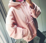 2016秋季韩版连帽宽松短款粉色卫衣女学生百搭长袖套头纯色上衣潮