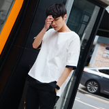 夏季韩版男士拼接短袖T恤 日系青少年宽松假两件五分袖中袖t恤潮